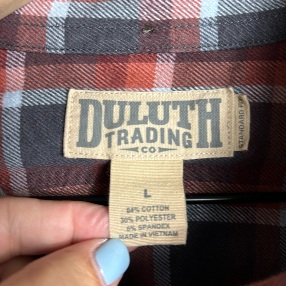 Duluth Men’s Flannel Shirt Large Orange Gray Plaid Button Up Long Sleeve Pockets - Picture 3 of 5